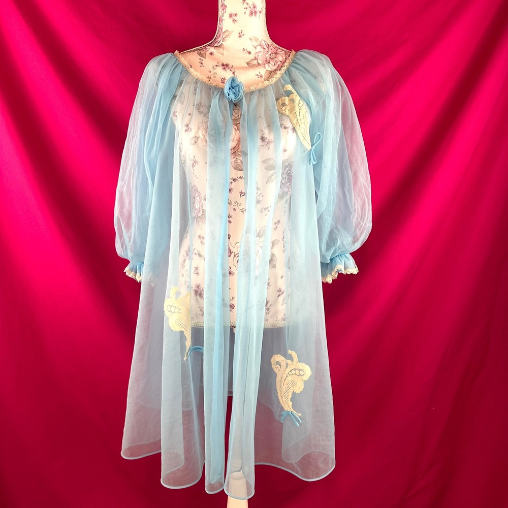 Vintage 60s Blue Sheer Peignoir Robe Lace Bridal Boudoir Lisette Medium Cover Up